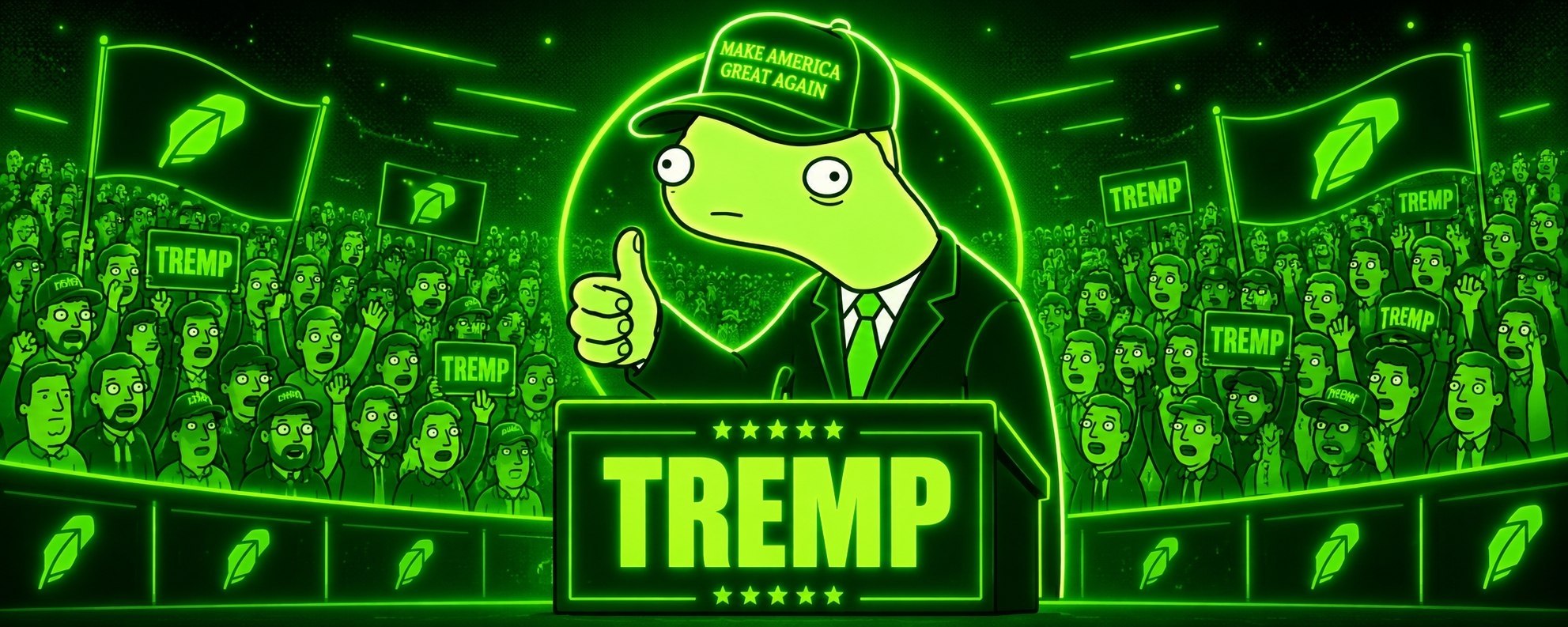 Doland Tremp at a neon green cartoon rally surrounded by supporters